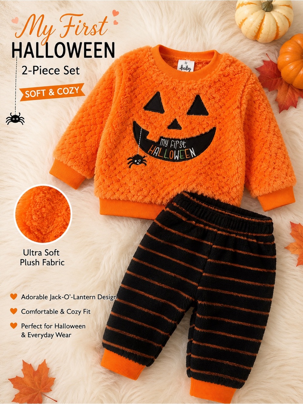 Baby Starters Orange & Black Pumpkin 3-Piece Halloween Outfit